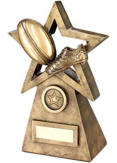 Bronze/Gold Rugby Ball/Boot On Star And Pyramid Trophy