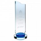Clear Glass Plaque With Blue Collar On Round Base