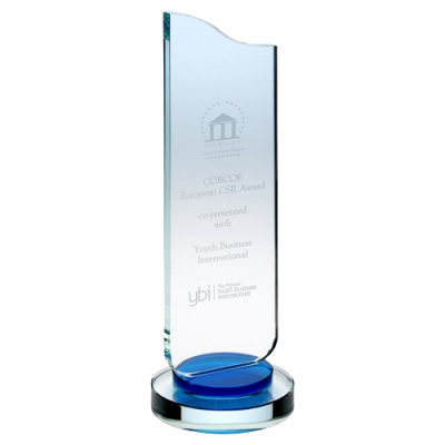 Clear Glass Plaque With Blue Collar On Round Base